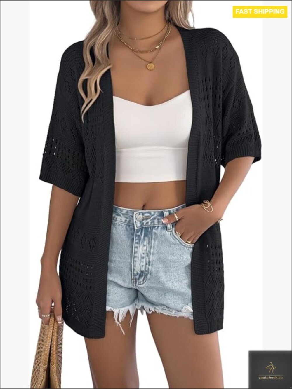 Crochet Cardigan Sweaters Lightweight Boho Beach Cover Up Short Sleeve Open